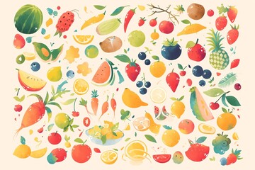 Vegetables and fruits healthy food illustrations, healthy breakfast nutritious food top view illustrations