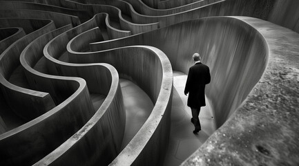 Man navigating through a complex maze in a conceptual black and white image.