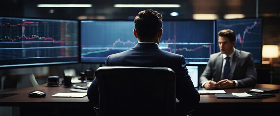 buying stocks with a mesmerizing depiction of an businessman, their back presented in a half-turn, wearing suits in an office, seated in front of a commanding monitor, engrossed in the process - obrazy, fototapety, plakaty
