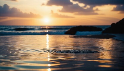 Fototapeta na wymiar a sunset over the ocean with a beach and palm trees. Generative AI.