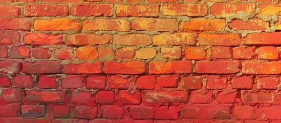 A close-up photo showcasing a red brick wall adorned with splashes of vibrant yellow and orange paint. The texture of the bricks contrasts beautifully with the bold colors, creating a visually