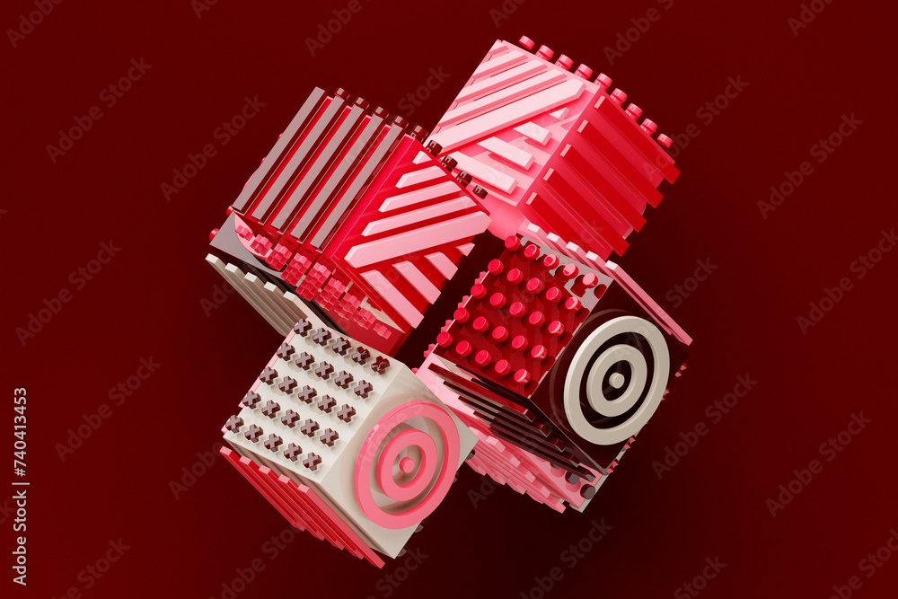 Poster 3d rendering, abstract bright figure with various patterns, shapes and various lines. colorful creat