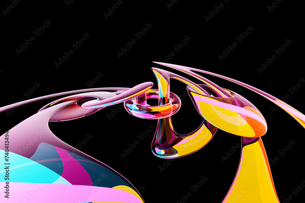 Aufkleber 3d illustration of colorful chains. set of chains on a black background. geometric pattern. technolo