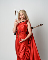 close up portrait of beautiful blonde model dressed as ancient mythological fantasy goddess in...