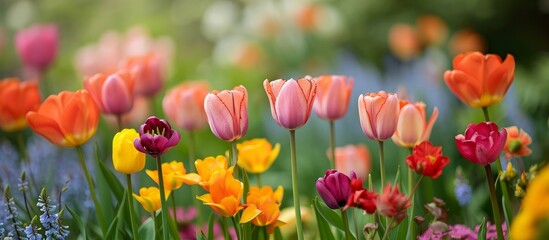 A variety of colorful flowers are blooming in a lush garden, creating a vibrant and natural landscape filled with vibrant petals and green grass