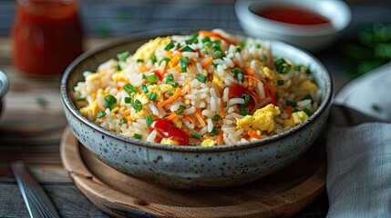 A delicious and tasty photograph of egg fried rice with ketchup, styled in a fresh and bright way, with fresh colors and a focus on the minimal beauty of the dish. Beatrice Peltre style