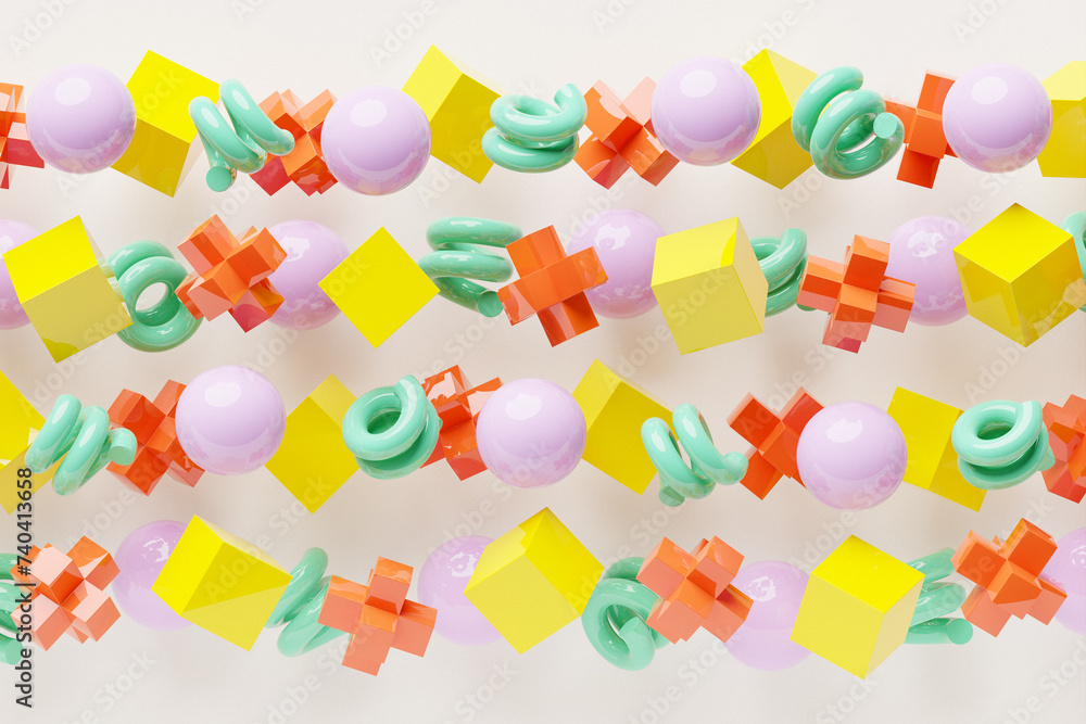Poster 3d rendering. colorful pattern of cubes of different shapes. minimalistic pattern of simple shapes. 