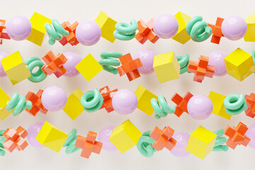 3D rendering.  Colorful  pattern of cubes of different shapes. Minimalistic pattern of simple shapes. Bright creative symmetric texture