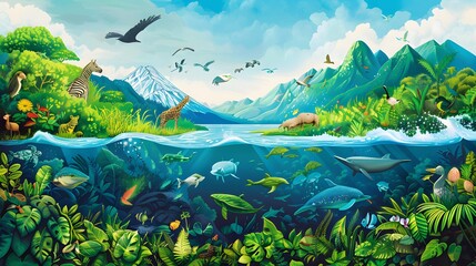 Dynamic Earth Day poster: Lush green landscapes, vibrant blue oceans, clear blue skies