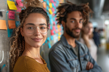 Fototapeta premium Girl leans against a wall full of colorful sticky notes