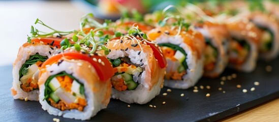 A close up of a serving tray with a variety of sushi, including California rolls, beautifully presented on a table