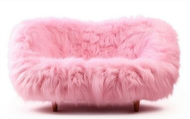 Pink fluffy sofa isolated on white. Modern pink furry sofa on wooden legs on white background