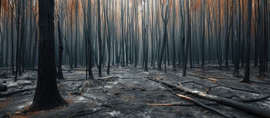 This photo depicts a dense forest teeming with tall trees that have regrown after a devastating forest fire caused by human negligence.