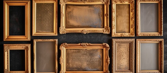 A photograph showcasing a vintage collection of antique gold frames with exquisite patina displayed on a sleek black wall.