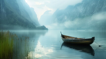 Misty morning on a calm lake with a solitary wooden boat and mountains in the background.