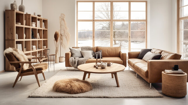 A Scandinavian living room with a mix of textures, combining smooth leather furniture, a shaggy rug, and woven baskets for a tactile and visually interesting design.