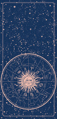 Mystical astrology card, Wheel with zodiac signs, constellations and astrological symbols. Vintage banner with copy space on blue background, vector illustration.