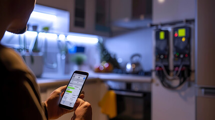 A person checking their home electricity usage on a mobile app - obrazy, fototapety, plakaty