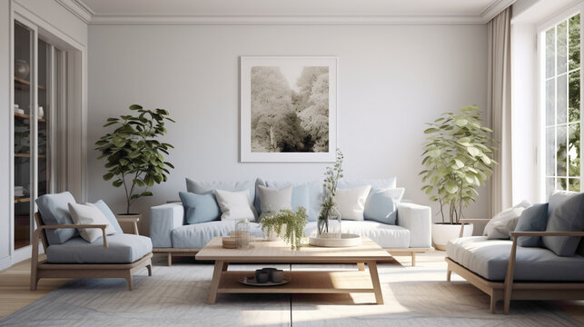 A Scandinavian living room with a muted color palette of soft grays and blues, enhanced by natural light and a sense of tranquility, perfect for relaxation.