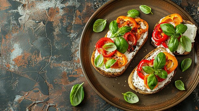 Open sandwiches with cream cheese baked sweet pepper and fresh basil on a brown plate Italian Cuisine Red pepper snacks Top view copy space. Creative Banner. Copyspace image
