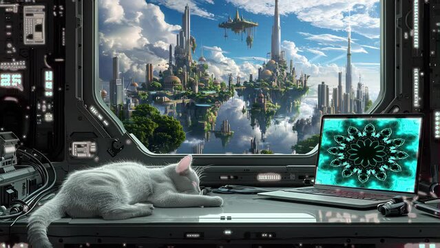 Futuristic View of a Floating City from a Desk on a Fantasy Space Station with a Sleeping Cat