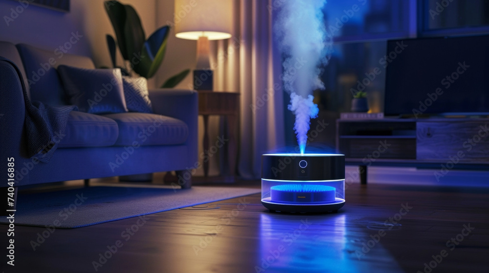 Poster a humidifier in action displaying a blue led light when turned on.