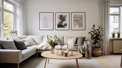 Fototapeta na wymiar A Scandinavian living room with a neutral color palette, accented by natural greenery and subtle pops of color in the form of cushions, artwork, or decorative objects.