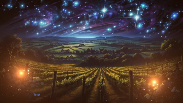 starlit vineyard at night with grape emitting. anime cartoon illustration style. seamless looping overlay 4k virtual video animation background 
