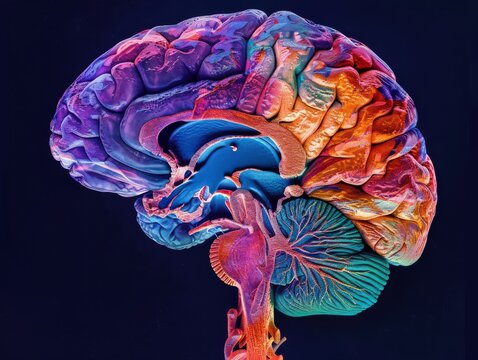 Anatomy of the human brain, lobes and functions, colorful, detailed