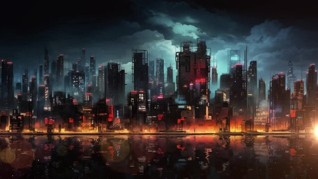 dystopian cityscape at night with dystopian. seamless looping overlay 4k virtual video animation background 