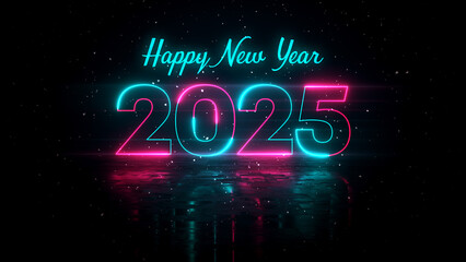 Futuristic Turquoise Red Glowing Neon Light Happy New Year 2025 Lettering With Floor Reflection Amid The Falling Snow On Dark Background