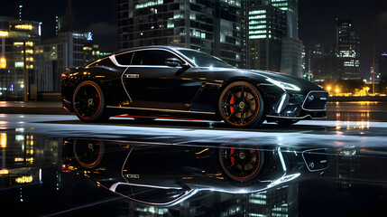 Glossy Black Sports Car Gleaming under the Metropolitan City Night Lights