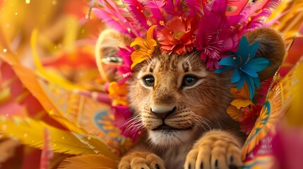 Baby lion with colorful flower carnival costume, Creative happy funny party animal pet portrait, 3d modern digital art of flower child, surreal halloween christmas festival season background.