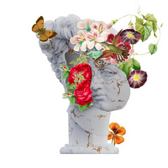 Apollo Giustiniani statues 3d renders, collage with flower petals compositions for your work
