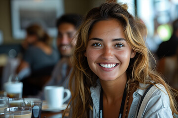 Pretty girl in a coffee shop smiling