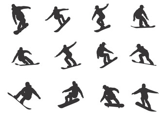 Obraz premium Silhouettes of snowboarder isolated on white background