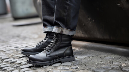 Stylish Black Combat Boots on Cobblestone Street, Edgy Footwear Fashion