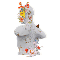 Emil Andreasen statues 3d renders, collage with flower petals compositions for your work