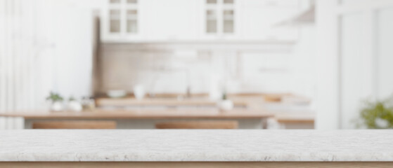 Marble counter top with empty space for display product with blurred background of a modern kitchen.