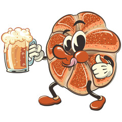 vector isolated clip art illustration of cute bagel rolls mascot raising a large beer glass while giving a thumbs up, work of handmade