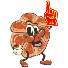 vector isolated clip art illustration of cute bagel rolls mascot raising a foam finger, work of handmade