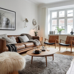A Scandinavian living room with a mix of textures, combining warm wood tones, plush fabrics, and metallic accents for a sophisticated and inviting space.