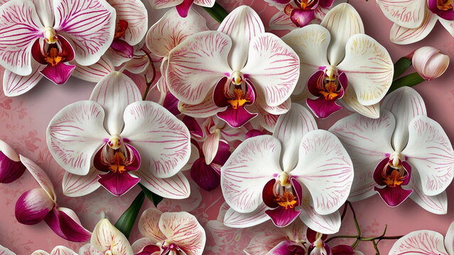 Pink and white orchids on a pink background, top view, walpaper