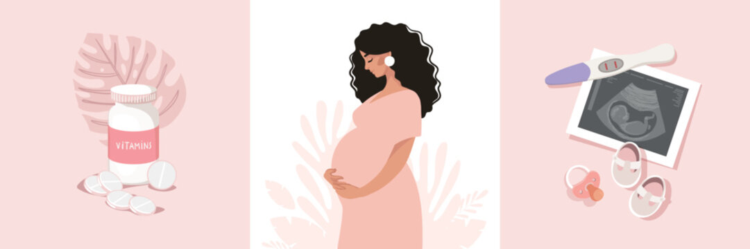 Set of happy pregnancy illustrations, positive pregnancy test and fetal ultrasound, pregnant woman, vitamins and nutritional supplements. Flat vector cartoon illustration, modern pregnancy banner.