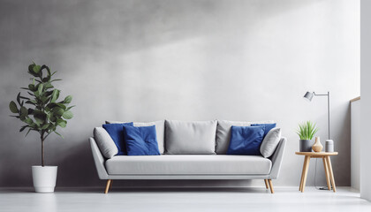 Minimalist Living Room with Grey Sofa, Blue Pillows, and Elegant Plant Decor