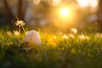 A lone Easter egg, painted in vibrant hues, rests nestled in the emerald lawn bathed in the warm glow of the setting sun. Hidden treasures and playful anticipation whisper amidst the gentle breeze,
