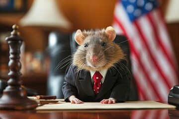 Rat wearing a suit sitting in a desk with the US flag in the background - obrazy, fototapety, plakaty