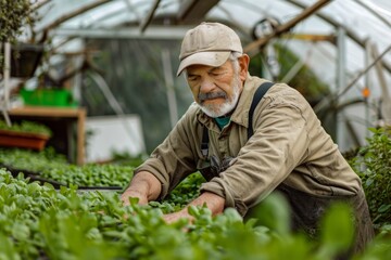 Naklejka na ściany i meble Senior man working in a greenhouse and his gaze reflecting years of experience and enduring love for the earth.
