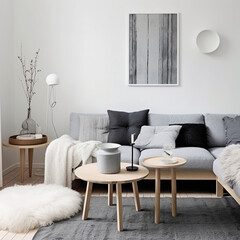 A Scandinavian living room with a minimalist approach, showcasing a monochromatic color scheme, geometric shapes, and carefully curated decor for a serene setting.