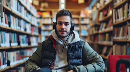 Content handsome young disabled student with headphones on neck siting in wheelchair and looking at camera in modern library or bookstore. copy space for text.